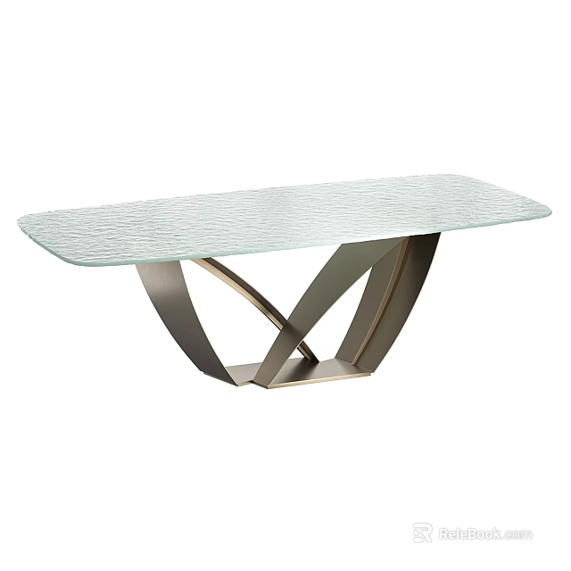 Modern Dining Table With Textured Glass Top And Crossed Silver Metal Base 3d model 