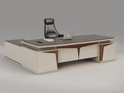 Modern Office Desk With Wooden Top Black Chair Storage Drawers And Laptop 3d model