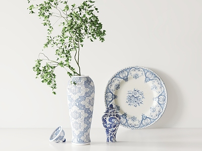 New Chinese Style Vase Blue and White Porcelain Vase Plate Desktop Ornaments Combination model