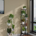 Decorative Plant Shelving Unit With Multiple Green Plants And White Pots In Living Room