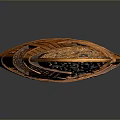 Ancient Weapon Helmet Featuring Ornate Orange Carved Details And Intricate Patterns