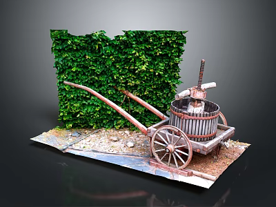 Vintage Commercial Juicing Equipment With Wheel Cart Structure And Green Ivy Backdrop 3d model
