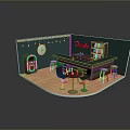 Retro Bar Interior Featuring Neon Drinks Sign Vintage Jukebox And Green Walls