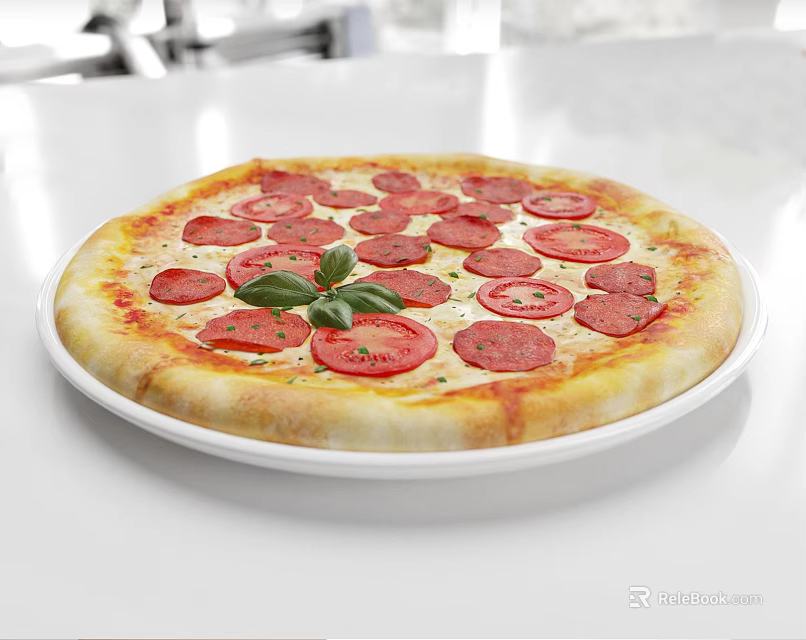 Fresh Pepperoni Pizza With Tomato Slices Fresh Basil And Golden Crust On White Plate 3d model 