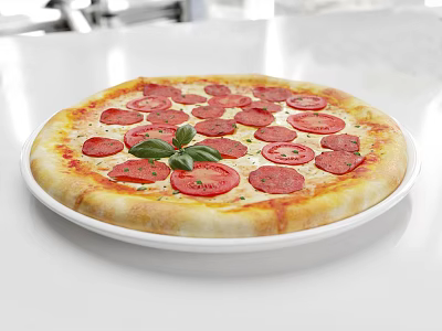 Fresh Pepperoni Pizza With Tomato Slices Fresh Basil And Golden Crust On White Plate 3d model