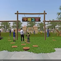 Wooden Playground Equipment With Tower Slide Green Grass And Trees In Outdoor Area