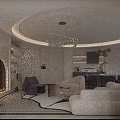 Modern Living And Dining Room Interior With White Sofa Purple Chairs Circular Chandeliers And Fireplace