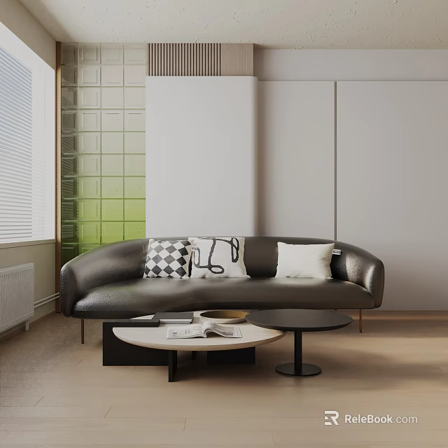 Modern Three Seater Sofa With Decorative Pillows Coffee Tables And Green Glass Wall 3d model 