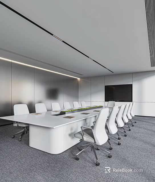 Modern Minimalist Conference Room Interior With Long Table White Chairs And Large Screen 3d model 