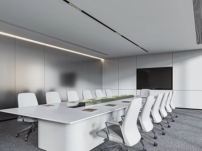 Modern Minimalist Conference Room Interior With Long Table White Chairs And Large Screen 3d model