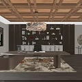 Office Interior Design With Wooden Ceiling Chandelier Bookshelves Large Desk And Rug