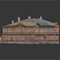 Vintage Red Brick Architectural Model Building With Gray Roof Chimneys And Small Green Plants