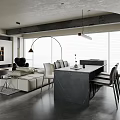 Modern Living and Dining Room Interior With Open Concept Sofa Coffee Table And Large Windows