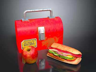 Delicious Fresh Sandwich And Apple With Red Ketchup Sauce Lunchbox On Table 3d model