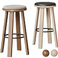 Modern Bar Stools In Different Wood Tones With Round Cushioned Seats And Black Footrest