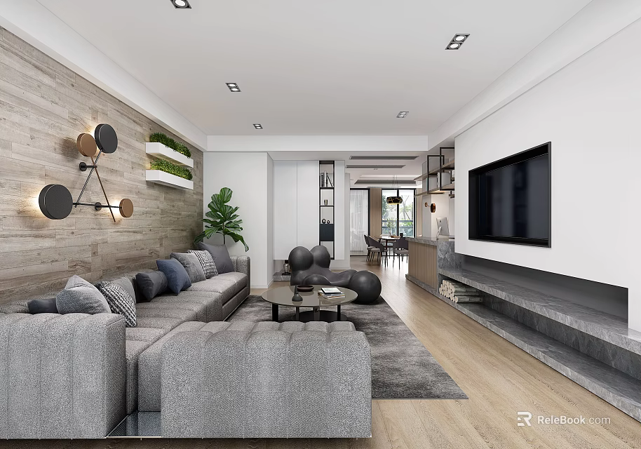 Modern Living Room Interior Design With Gray Sofa Wooden Wall TV And Coffee Table 3d model 