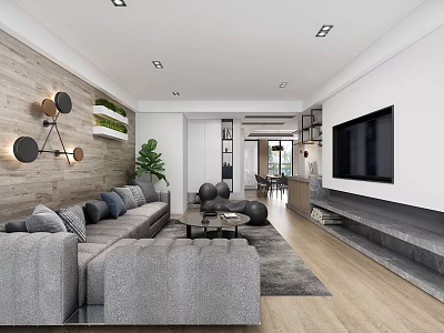 Modern Living Room Interior Design With Gray Sofa Wooden Wall TV And Coffee Table 3d model