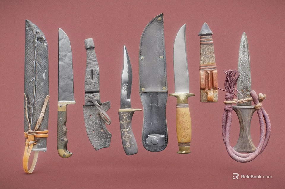 Various Kitchen Knives With Decorative Handles And Different Blade Shapes On Red Background 3d model 
