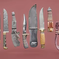 Various Kitchen Knives With Decorative Handles And Different Blade Shapes On Red Background
