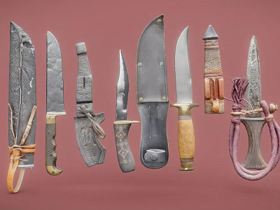 Various Kitchen Knives With Decorative Handles And Different Blade Shapes On Red Background 3d model