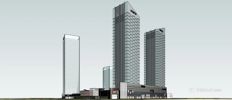Modern Commercial Complex With Tall Glass Curtain Wall Buildings And Retail Spaces 3d model 