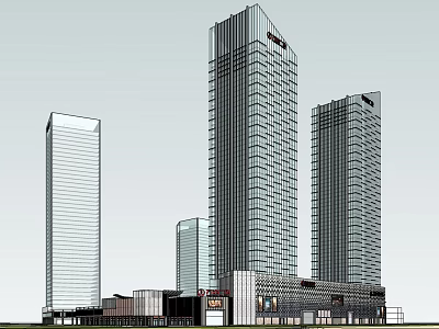 Modern Commercial Complex With Tall Glass Curtain Wall Buildings And Retail Spaces 3d model