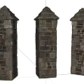 Three Decorative Stone Brick Columns With Pointed Tops And Textured Surfaces 3d model