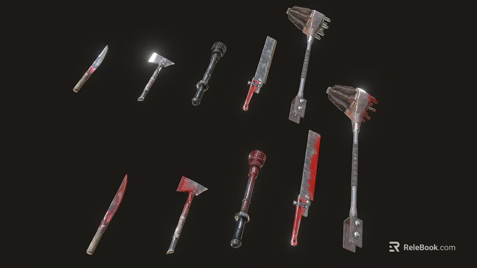 Various Bloody Weapons Collection Including Knives Axes Hammers and Blades Displayed 3d model 