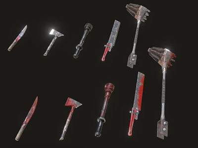 Various Bloody Weapons Collection Including Knives Axes Hammers and Blades Displayed 3d model