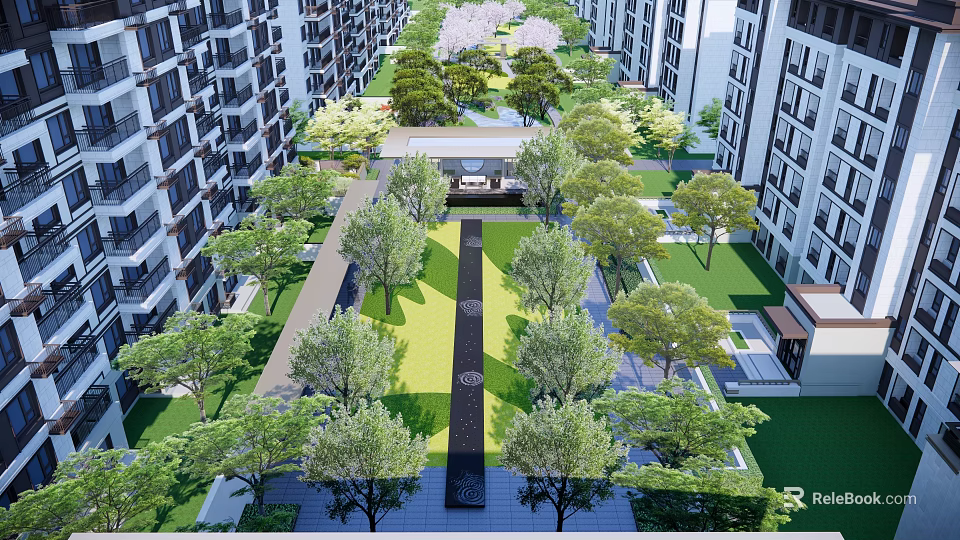 Residential Garden Landscape With Neat Trees Green Lawn Central Pathway And High Rise Buildings 3d model 