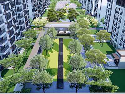 Residential Garden Landscape With Neat Trees Green Lawn Central Pathway And High Rise Buildings 3d model