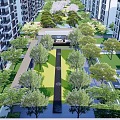 Residential Garden Landscape With Neat Trees Green Lawn Central Pathway And High Rise Buildings