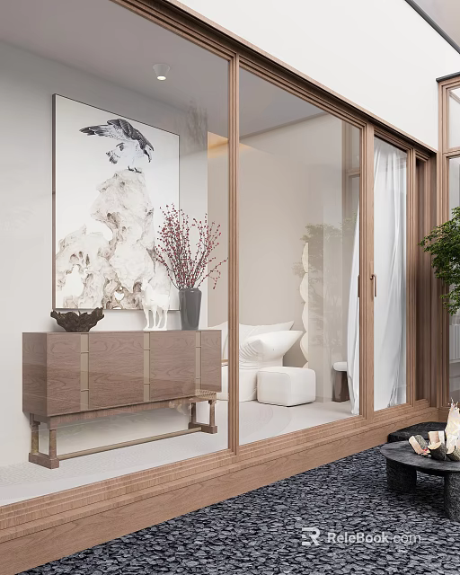 Stylish Entryway Design With Wooden Console Table Decorative Items Artwork And Glass Doors 3d model 