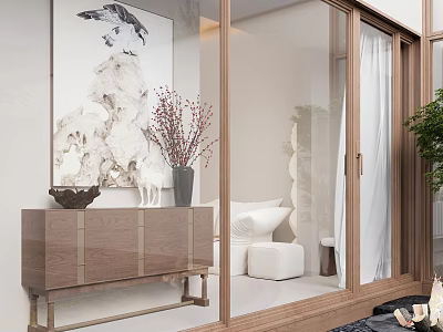 Stylish Entryway Design With Wooden Console Table Decorative Items Artwork And Glass Doors 3d model
