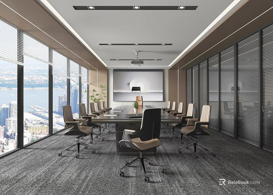 Modern Conference Room Interior With Large Windows City View Long Table Chairs And Glass Partitions 3d model 
