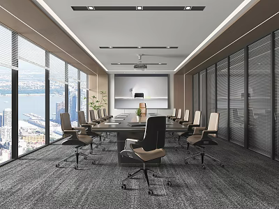Modern Conference Room Interior With Large Windows City View Long Table Chairs And Glass Partitions 3d model