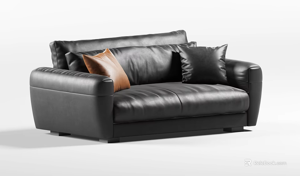 Modern Black Leather Two Seater Sofa With Brown And Black Pillows 3d model
