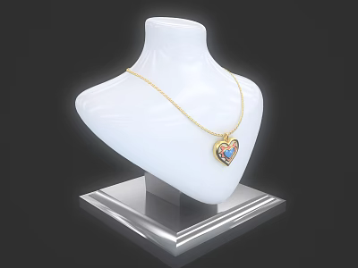 Elegant Gold Heart Pendant Necklace with Colored Gemstones on White Mannequin 3d model
