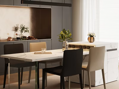 Elegant Luxury Restaurant Interior With Marble Dining Table Chairs And Green Plant Decorations 3d model