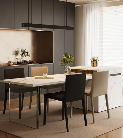 Elegant Luxury Restaurant Interior With Marble Dining Table Chairs And Green Plant Decorations 3d model