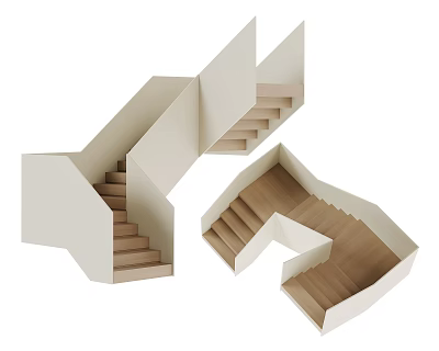 Modern Interior Staircase Design With Wooden Steps And White Geometric Panels 3d model