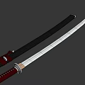Man Displaying Traditional Japanese Swords With Red Handles And Silver Blades 3d model