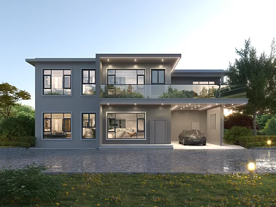 Modern Two Story Detached Villa With Large Windows Garage And Outdoor Garden Lighting 3d model