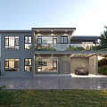Modern Two Story Detached Villa With Large Windows Garage And Outdoor Garden Lighting