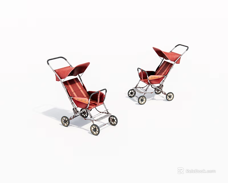 Two Red Baby Strollers With Canopies And Wheeled Frames For Infants 3d model 
