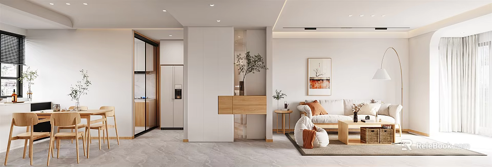 Modern Dining and Living Room Interior With Sofa Dining Table Coffee Table and Wall Art 3d model