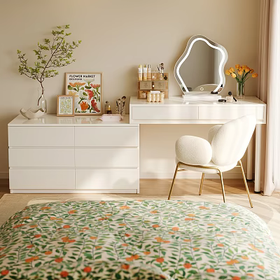 Modern White Bedroom Dressing Table With Decorative Mirror Storage Drawers And Beauty Products 3d model