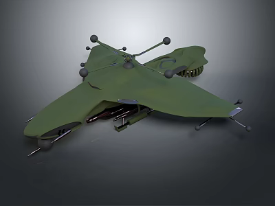 Green 3D Model Fighter Jet With Unique Aerodynamic Wings And Protruding Components 3d model