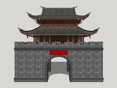 Ancient Traditional Architecture With Multi Layered Roof And Brick Wall Arched Gateway Red Plaque 3d model