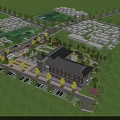 Hotel Building with Surrounding Greenery Parking Area Spacious Lawn Landscaped Gardens and Nearby Buildings
